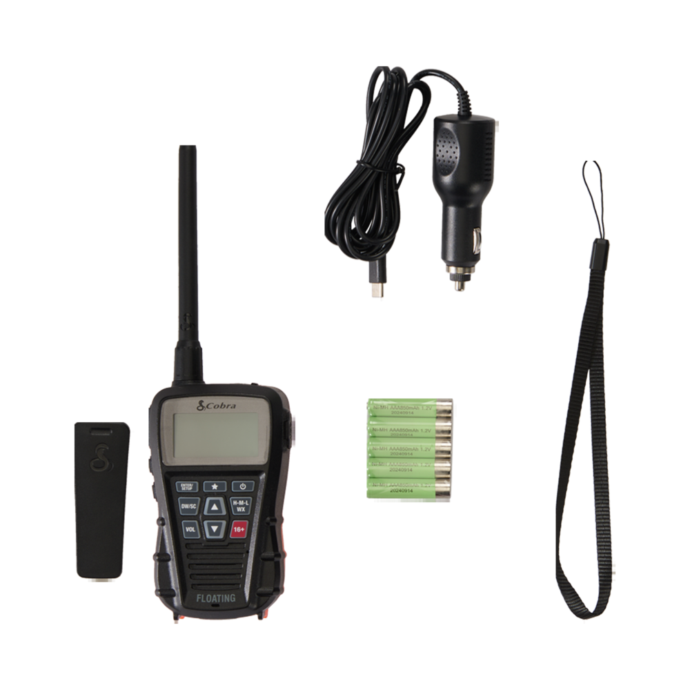 Cobra BlueBound 150 VHF with belt clip, wrist strap, batteries and charging cable