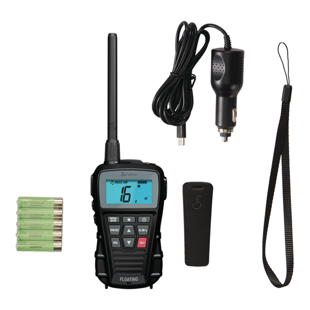 Cobra BlueBound 150 EU VHF with belt clip, wrist strap, batteries and charging cable