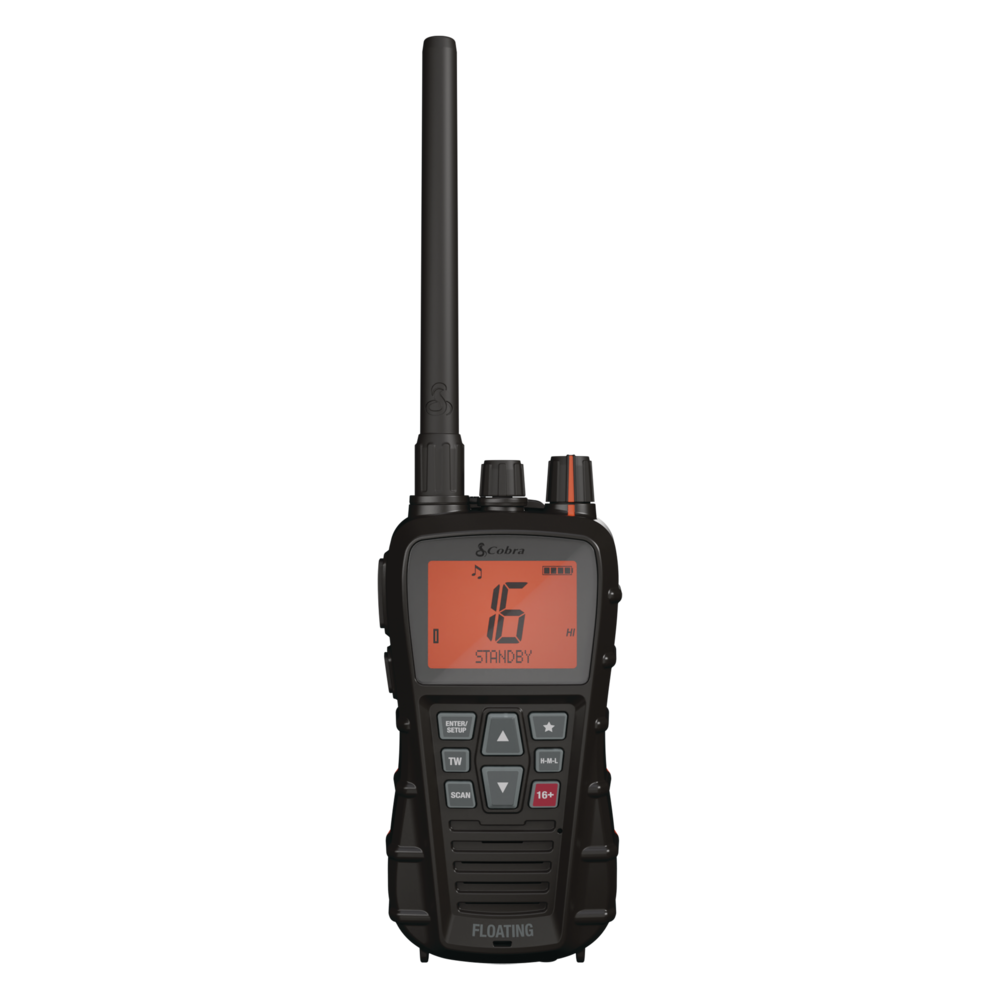 Cobra BlueBound 350 VHF Marine Radio powered on and showing the backlit display