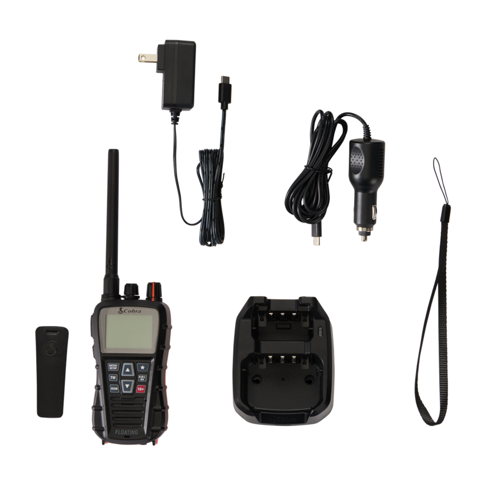 Cobra BlueBound 350 VHF Marine Radio and its included accessories
