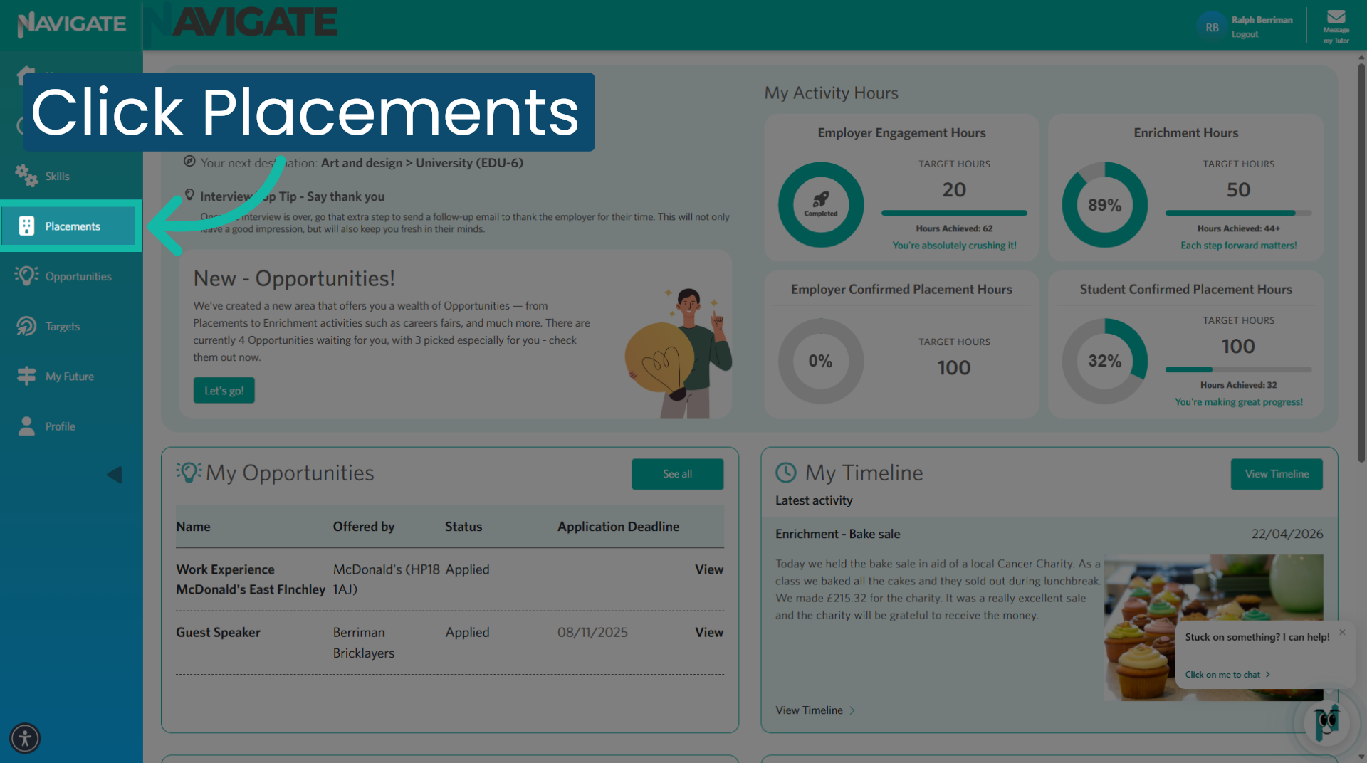 Click into the placement module