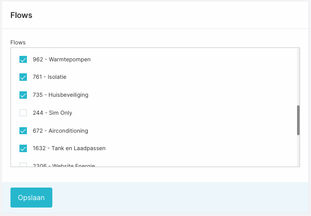 Organisatie + flows/producten aanvinken