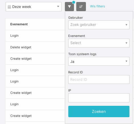 Audit logs filterscherm