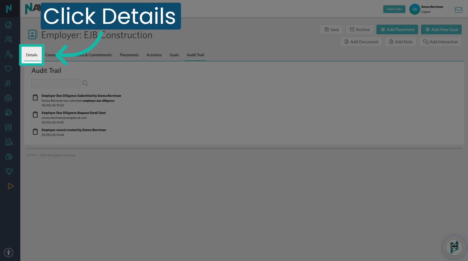 Click the employer 'details' tab