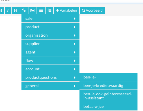 Productvragen-selectie in de variabelenboom