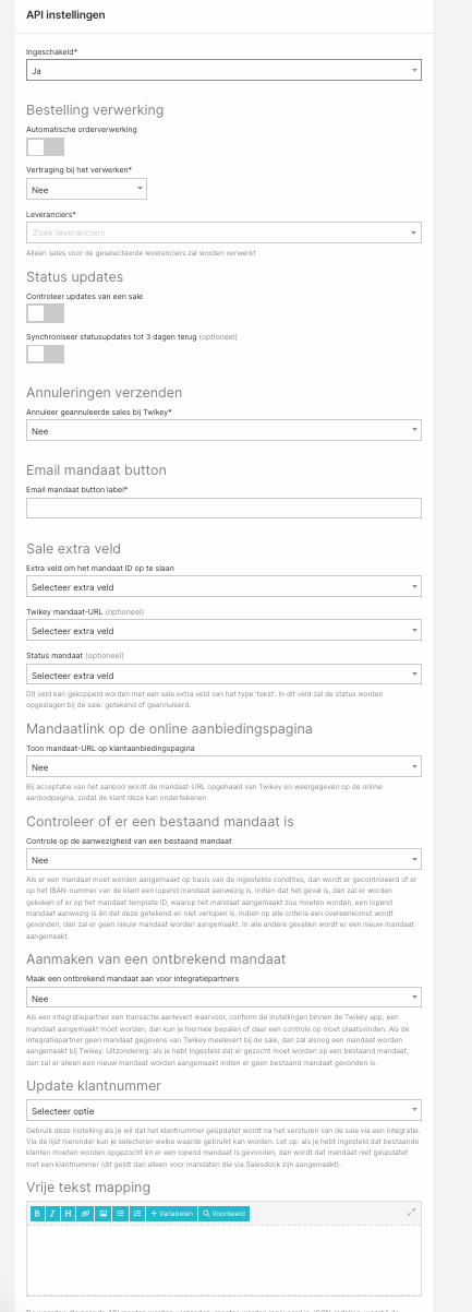 Het Settings-scherm van de Twikey-app