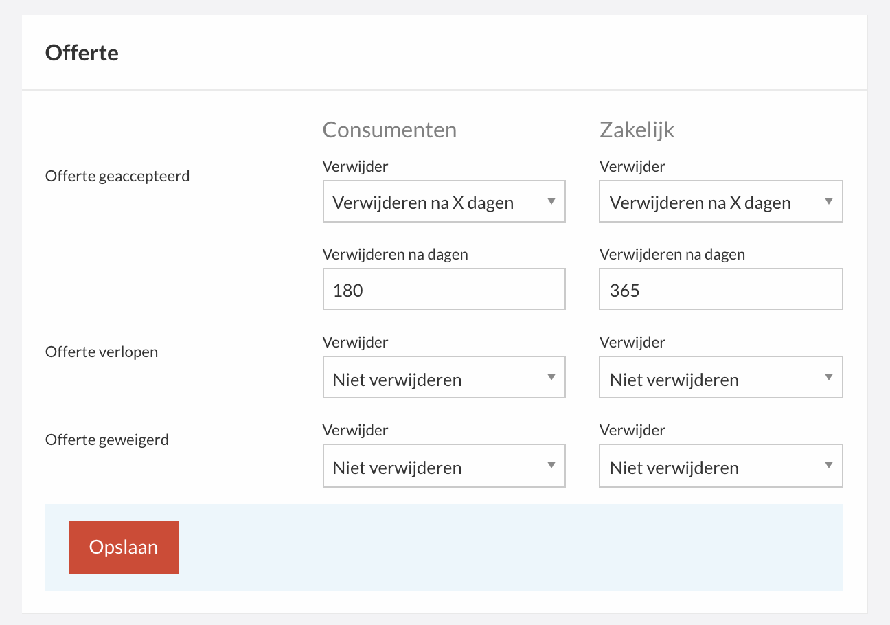 Voorbeeld: 180 dagen voor consumenten, 365 dagen voor zakelijke klanten