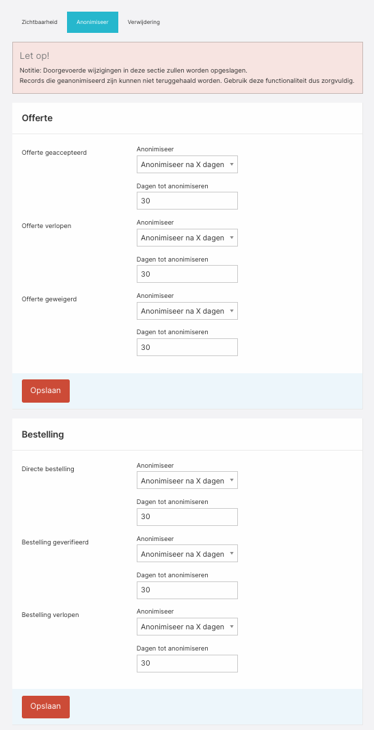 Het Anonimiseer-tabblad met instellingen per offerte- en bestelstatus