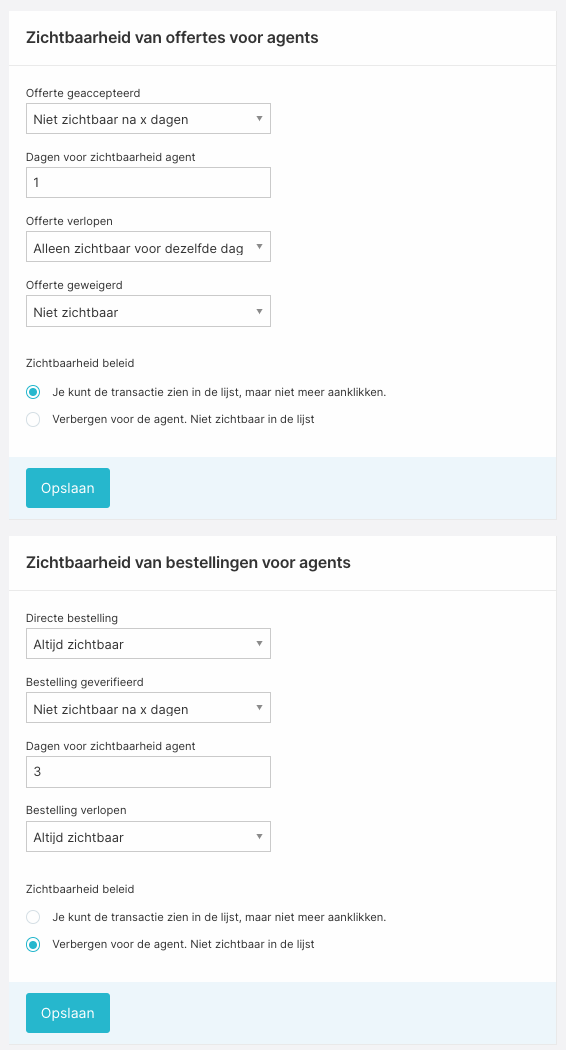 Het Zichtbaarheid-instellingenscherm met blokken voor offertes en bestellingen