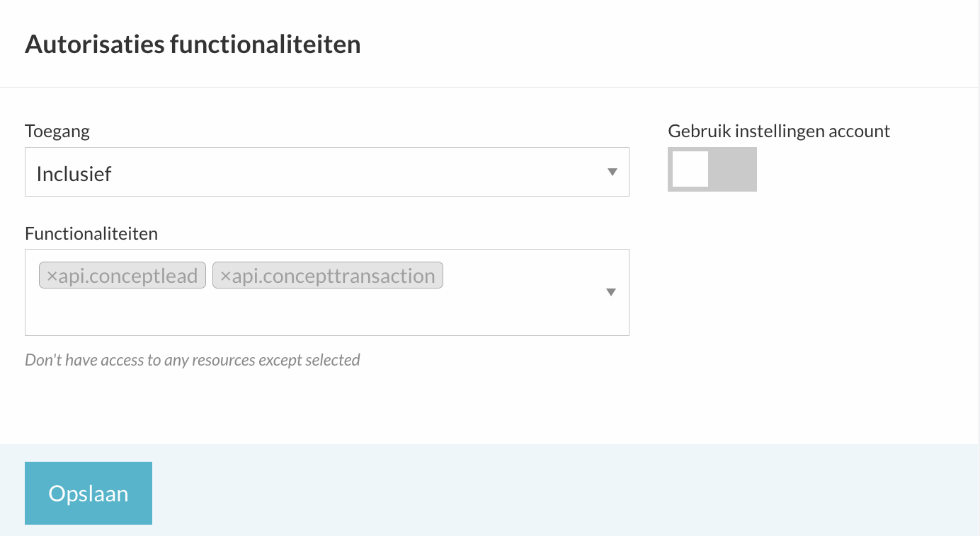 Voorbeeld van correct ingestelde permissies voor de dialer-integratie