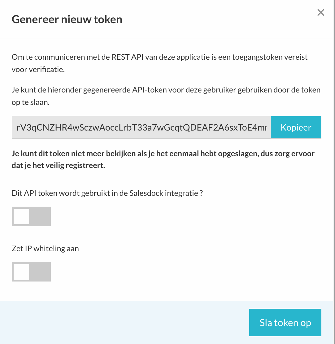 Het menu om een API-token te genereren
