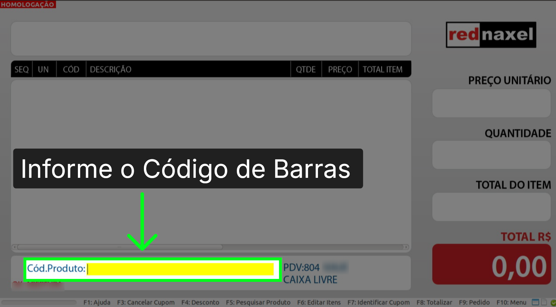 PDV >>> Tela Inicial >>> Terceiro Método >>> Digitando Código de Barras >>> Campo >>> 'Cód. Produto':