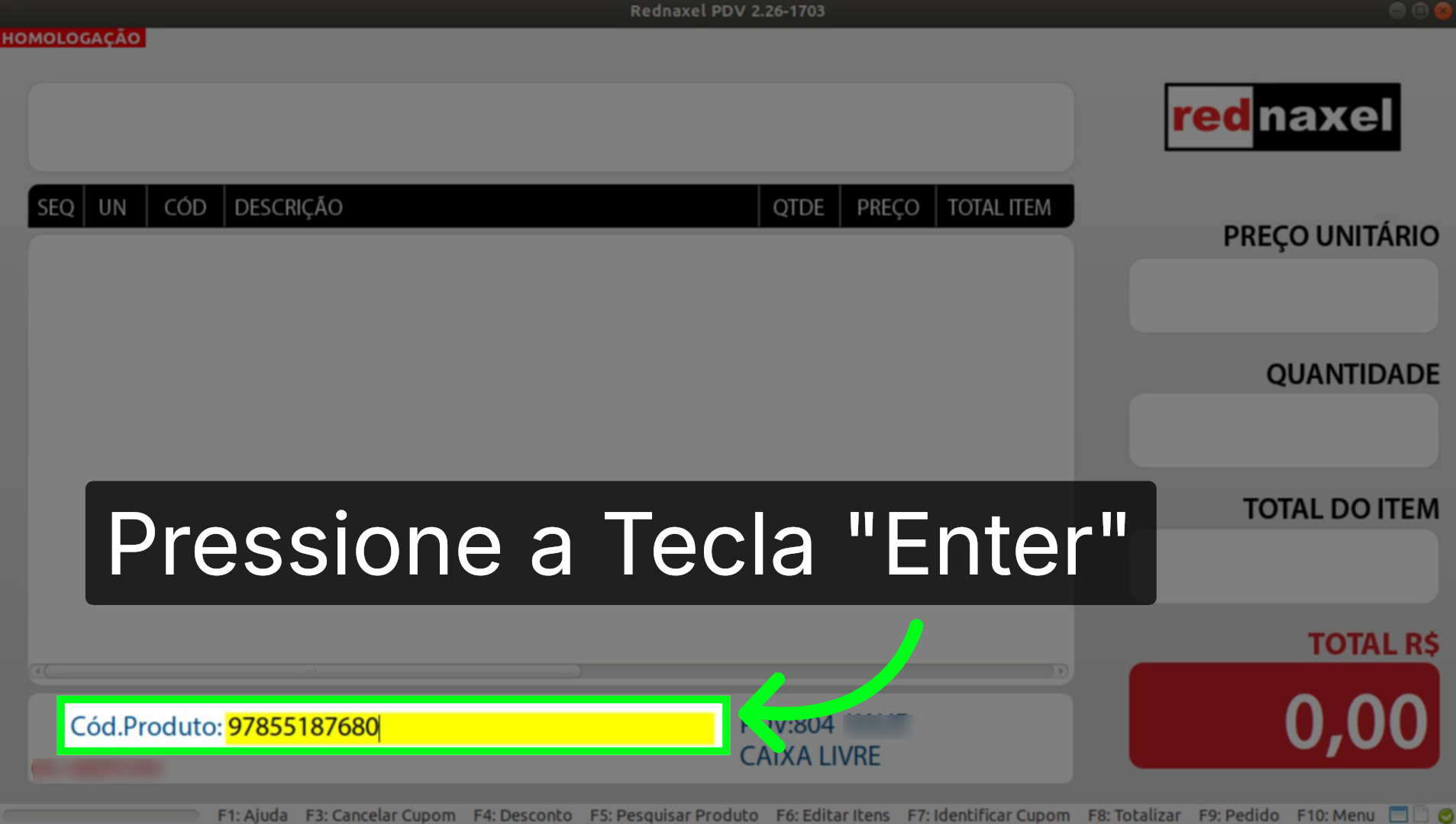 PDV >>> Tela Inicial >>> Terceiro Método >>> Digitando Código de Barras: