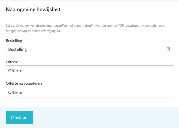 Naamgeving bewijslast op accountniveau in de layout-instellingen