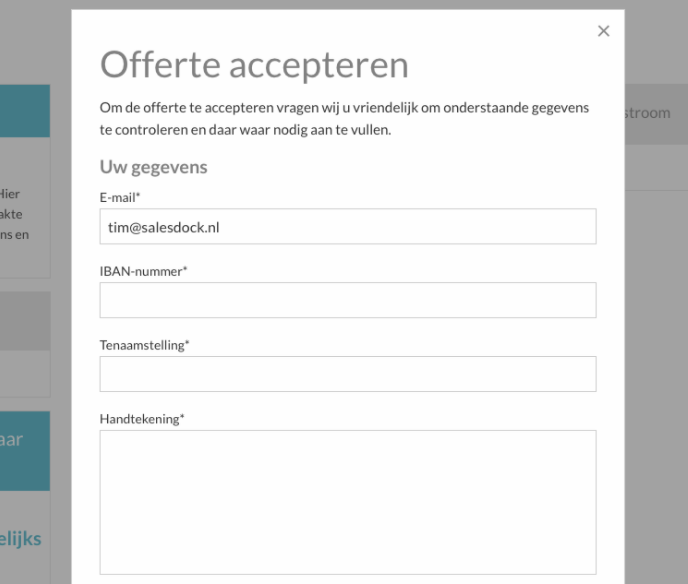 Het e-mailveld dat de klant op de acceptatiepagina ziet