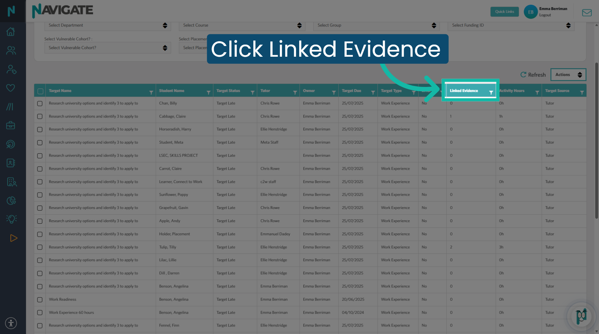 Filter Linked Evidence column