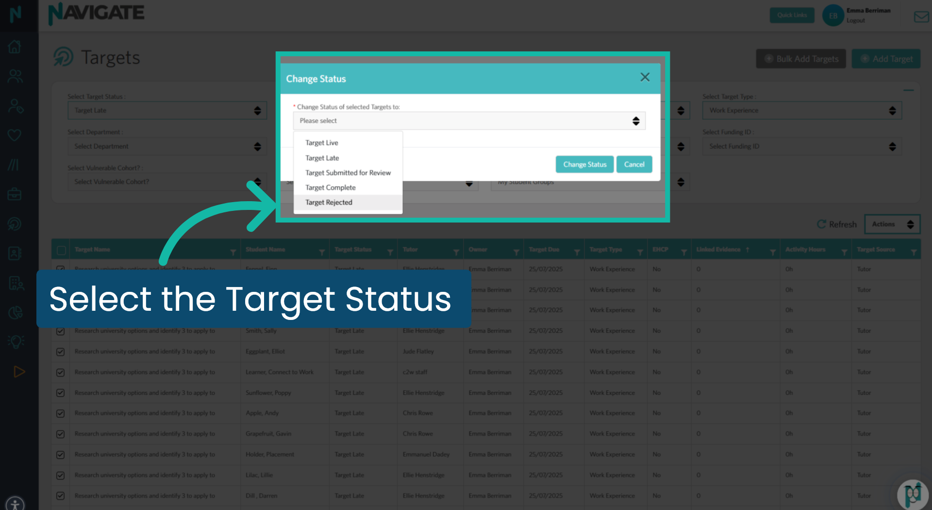 Select the Target status