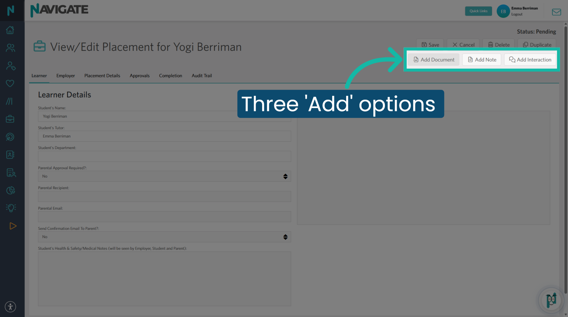 Three options to 'Add' info