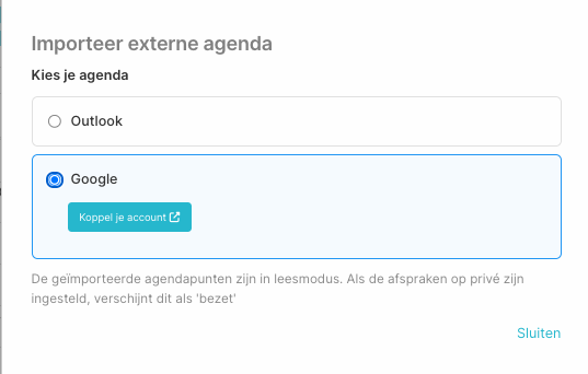 Importmodal met de keuze tussen Outlook en Google en de knop om je account te koppelen