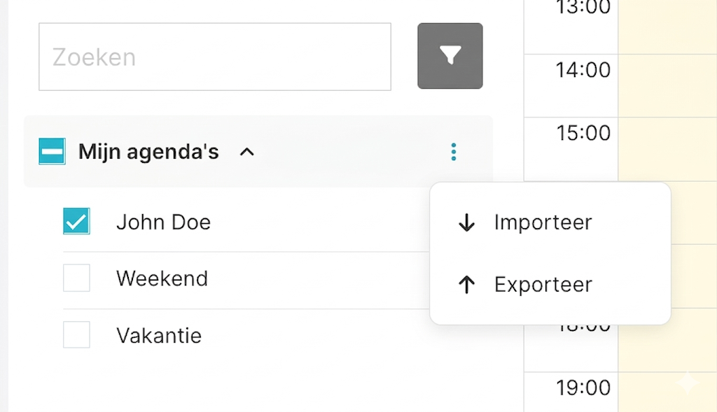 Drie-puntjes-menu naast Mijn agenda's met de optie Importeer externe agenda