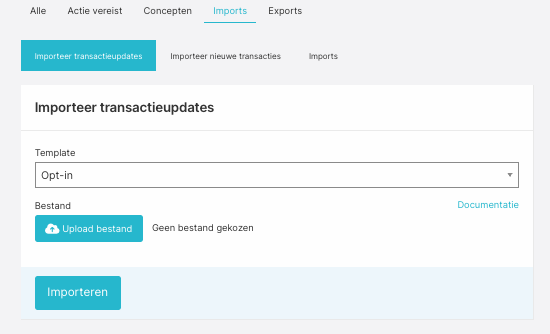 Importeren van opt-in data via het transactieupdates-scherm