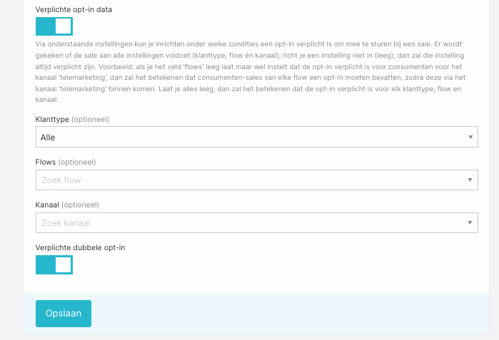 Instellingen voor verplichte opt-in data op een inkomende integratie