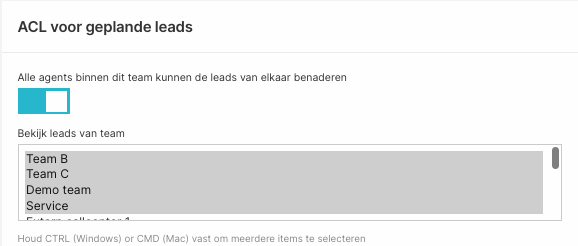 Team-instelling 'Alle agents binnen dit team kunnen elkaars leads benaderen' onder Rechten voor geplande leads
