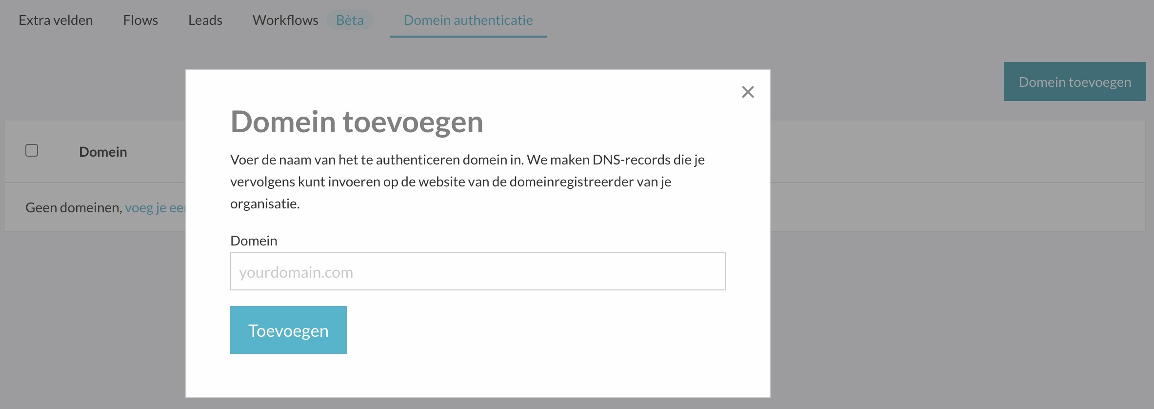 Modal om een nieuw domein toe te voegen