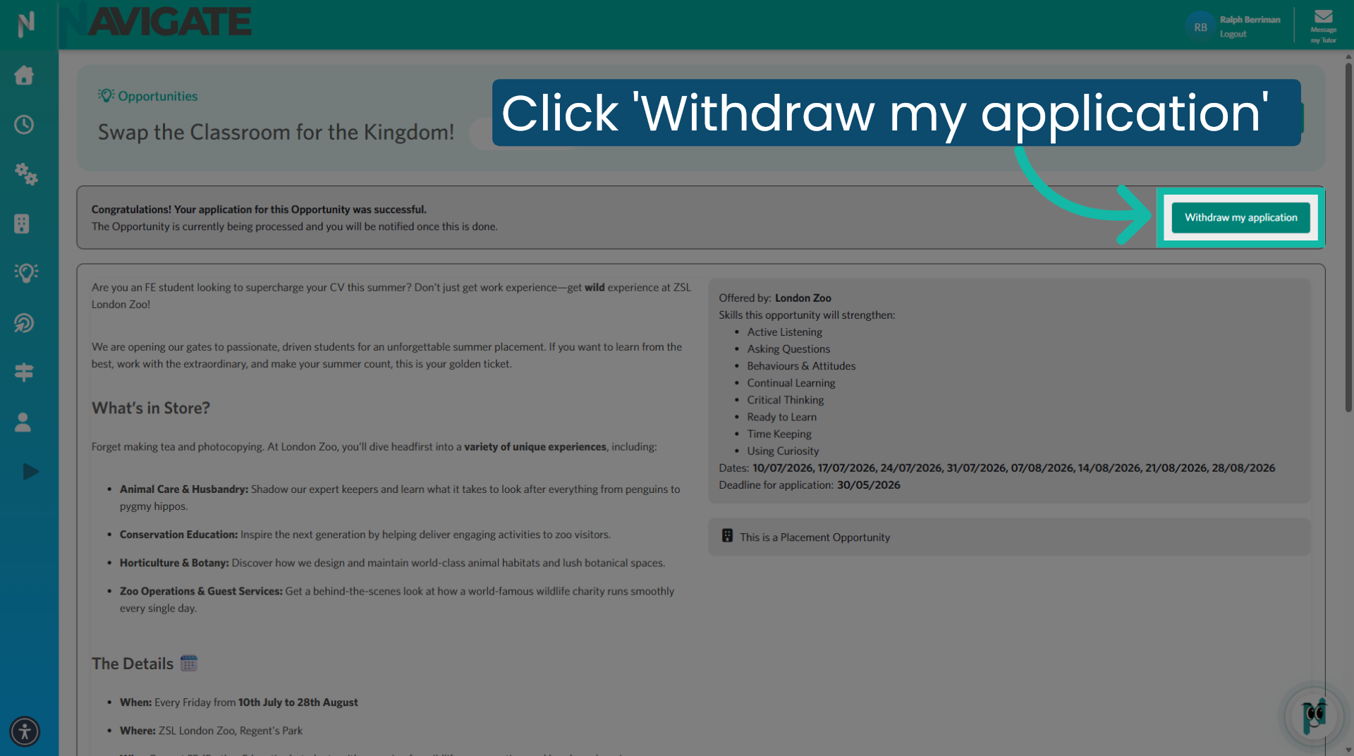 Click 'Withdrawn my application'