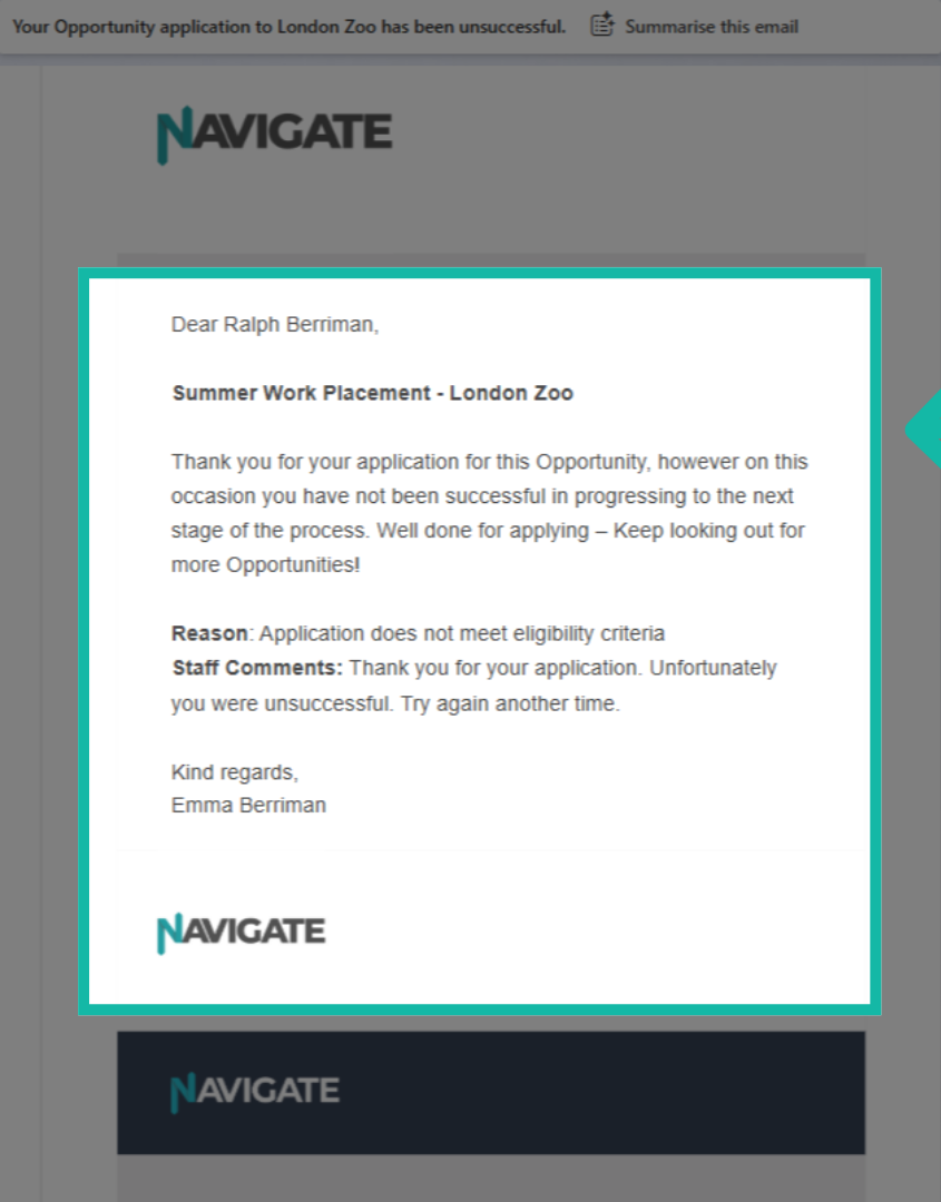Student rejection email