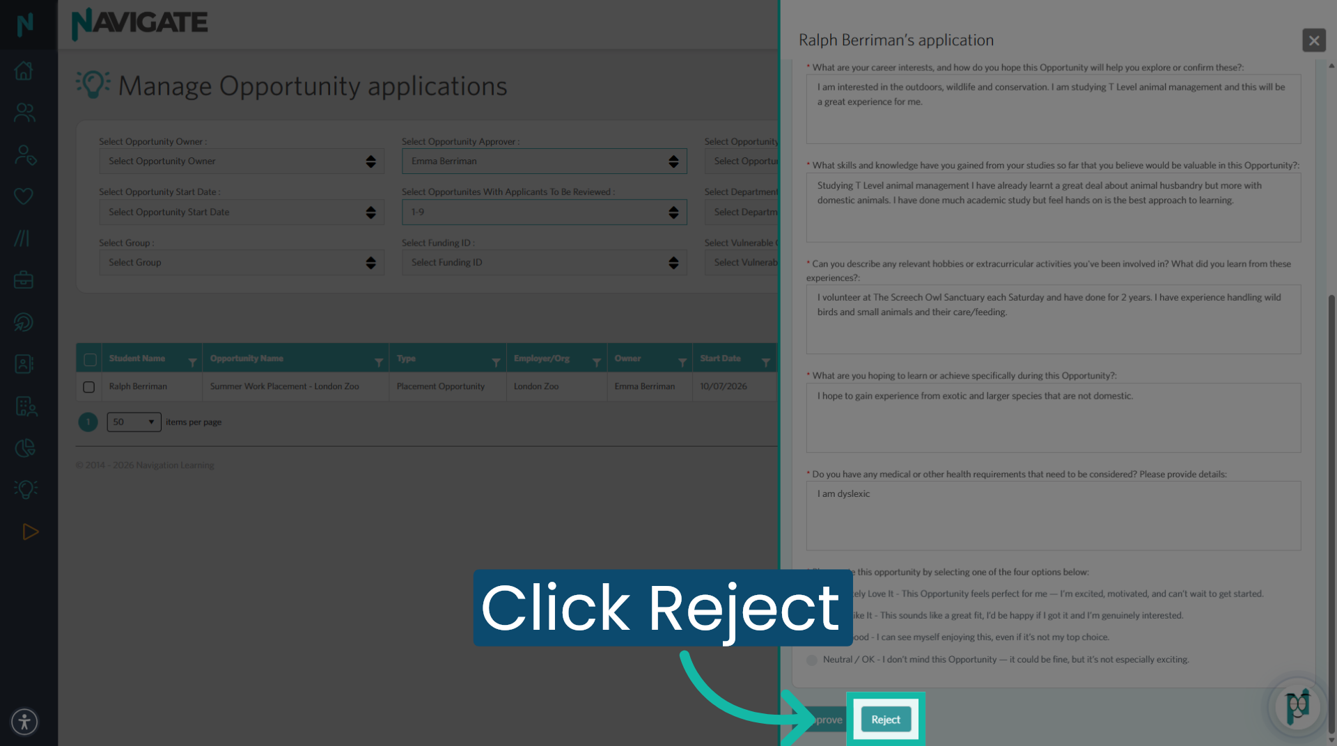 Review and reject application