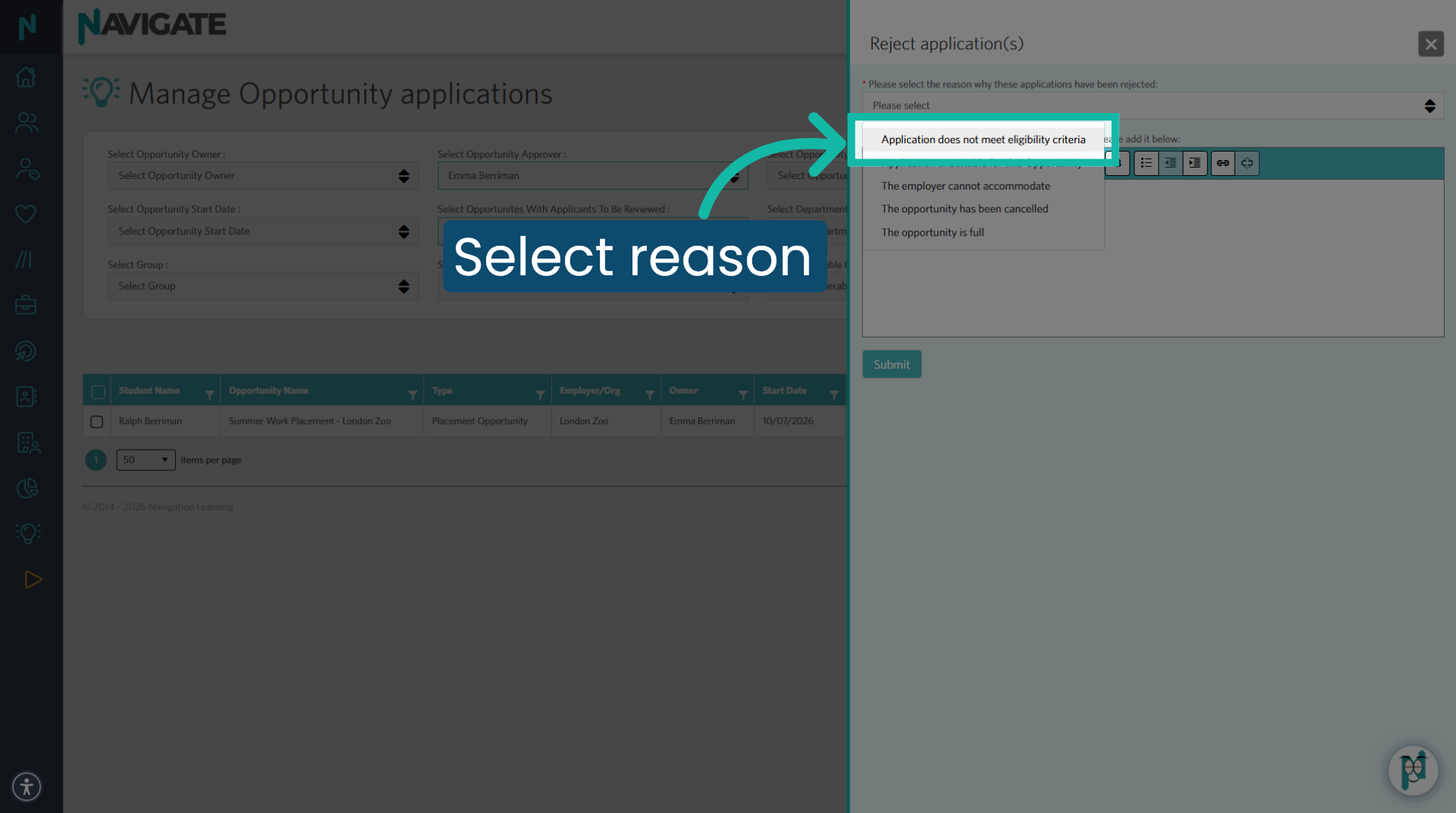 Select a reason for rejection