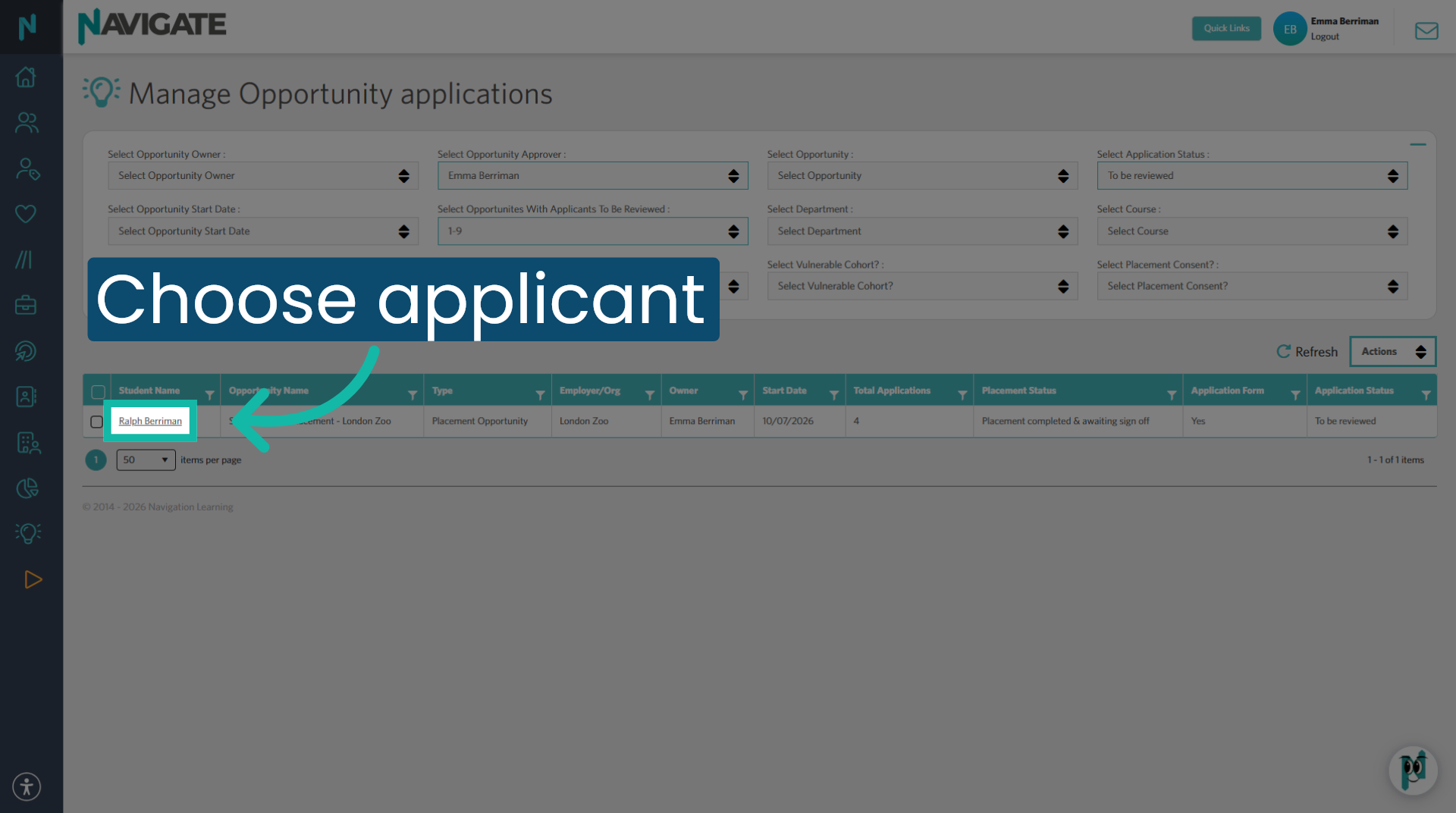 Select Application you wish to view
