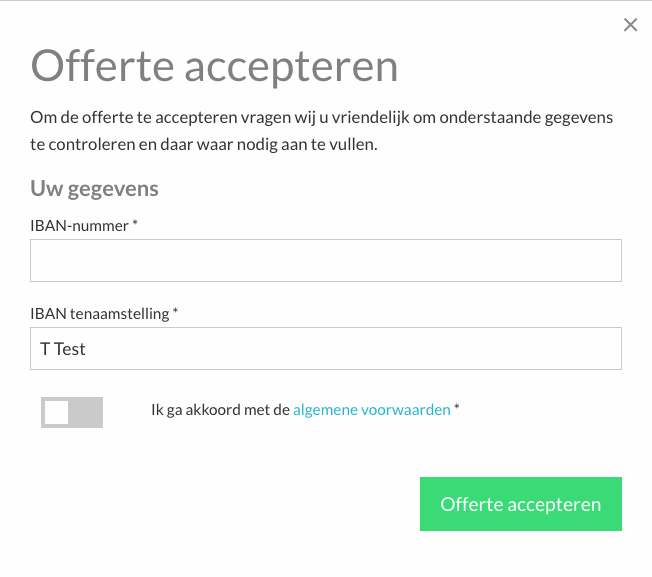 Klant ziet de akkoord-checkbox bij het accepteren van de offerte