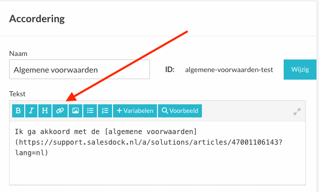 Accordering met URL/link naar algemene voorwaarden in admin-omgeving