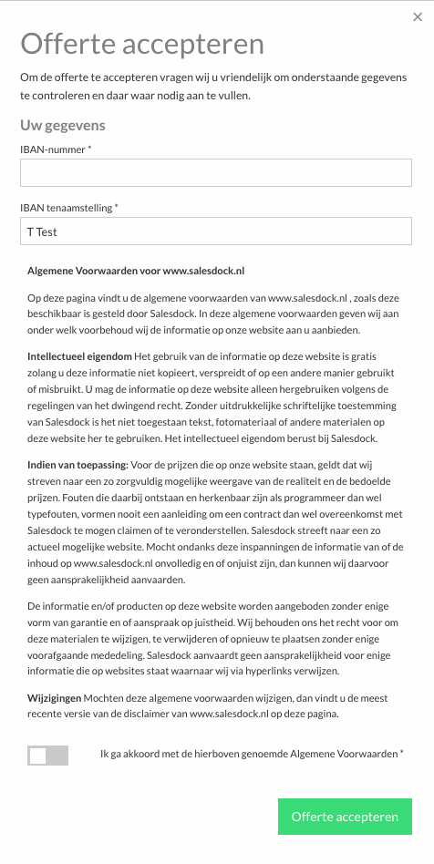 Algemene voorwaarden als tekst zichtbaar tijdens het accepteren van de offerte