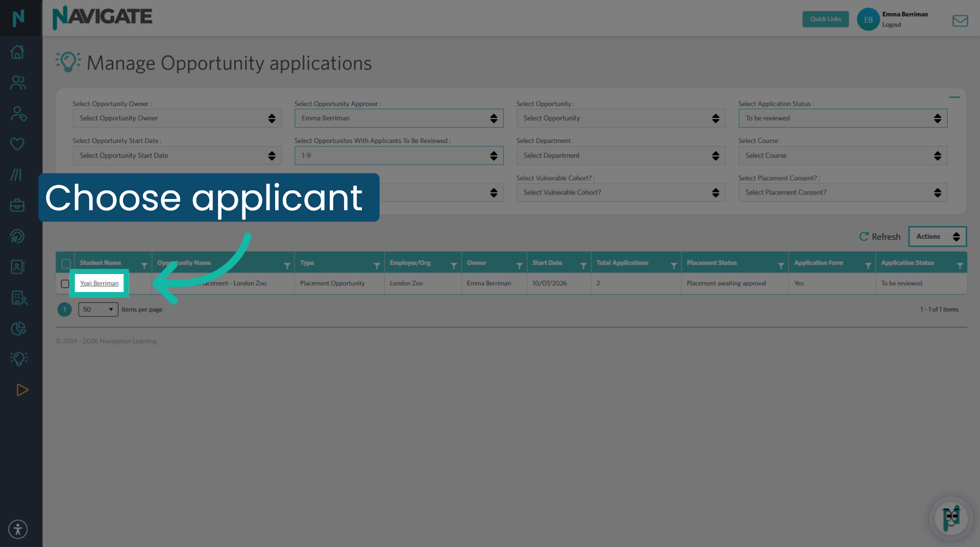 Select Application you wish to view