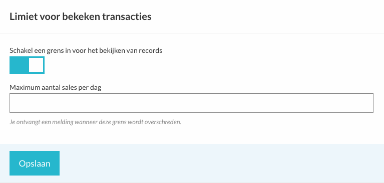 Het blok Limiet voor bekeken transacties in Instellingen › Beveiliging, met de schakelaar en het invulveld voor de dagelijkse grens
