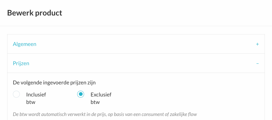BTW-instellingen in de prijssectie van een product