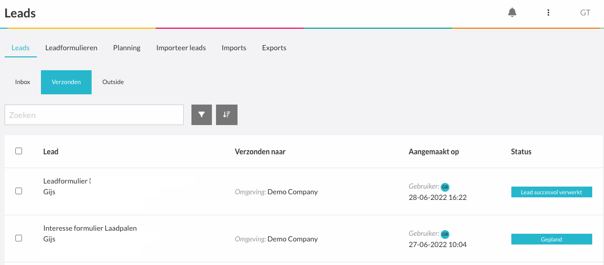 Verzonden leads in het admin-portaal