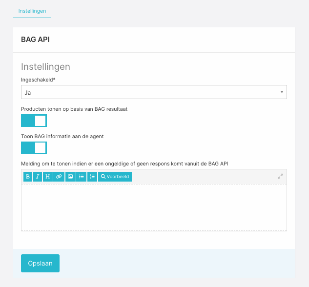 BAG-app instellingenscherm
