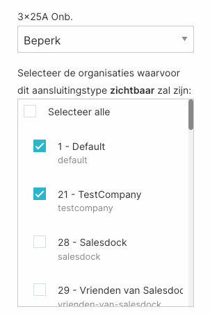 Per aansluitingstype een keuze maken en organisaties selecteren