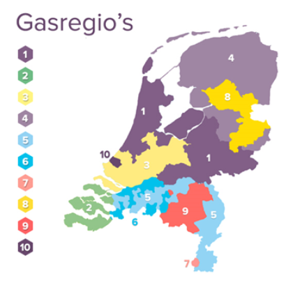 Kaart van de tien Nederlandse gasregio's