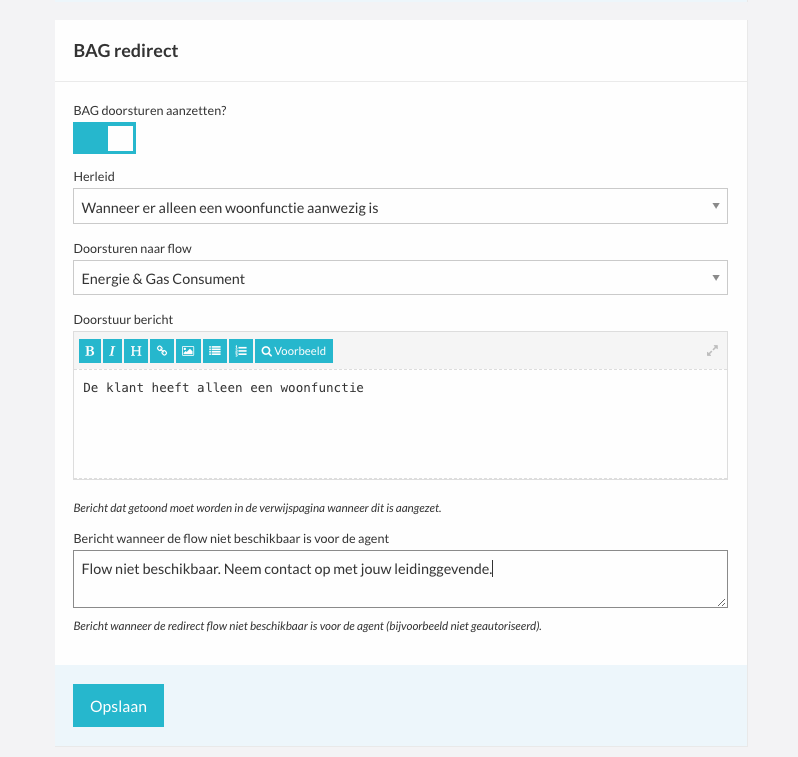 BAG redirect-instellingen op flowniveau