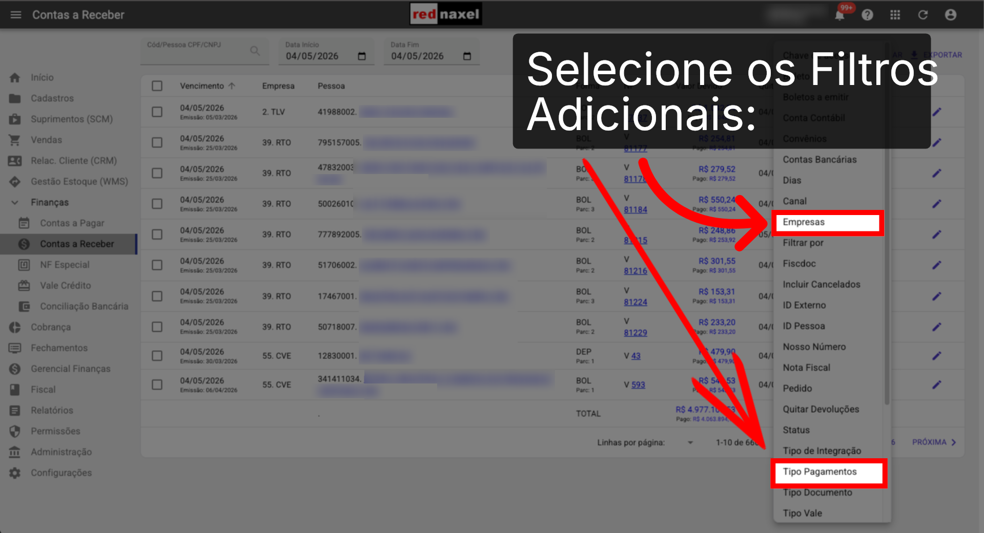 ERP >>> Tela >>> Contas a Receber >>> Selecionando Filtros Adicionais: