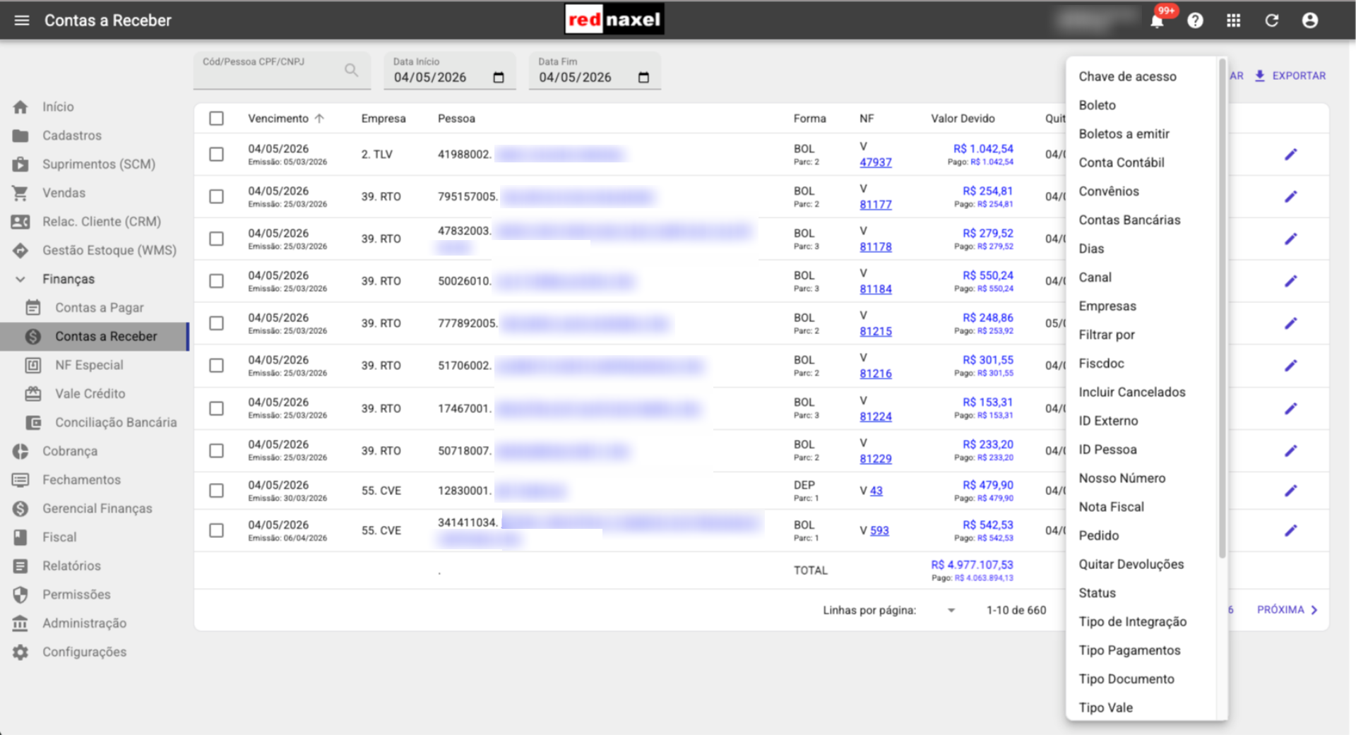ERP >>> Tela >>> Contas a Receber >>> Filtros Adicionais: