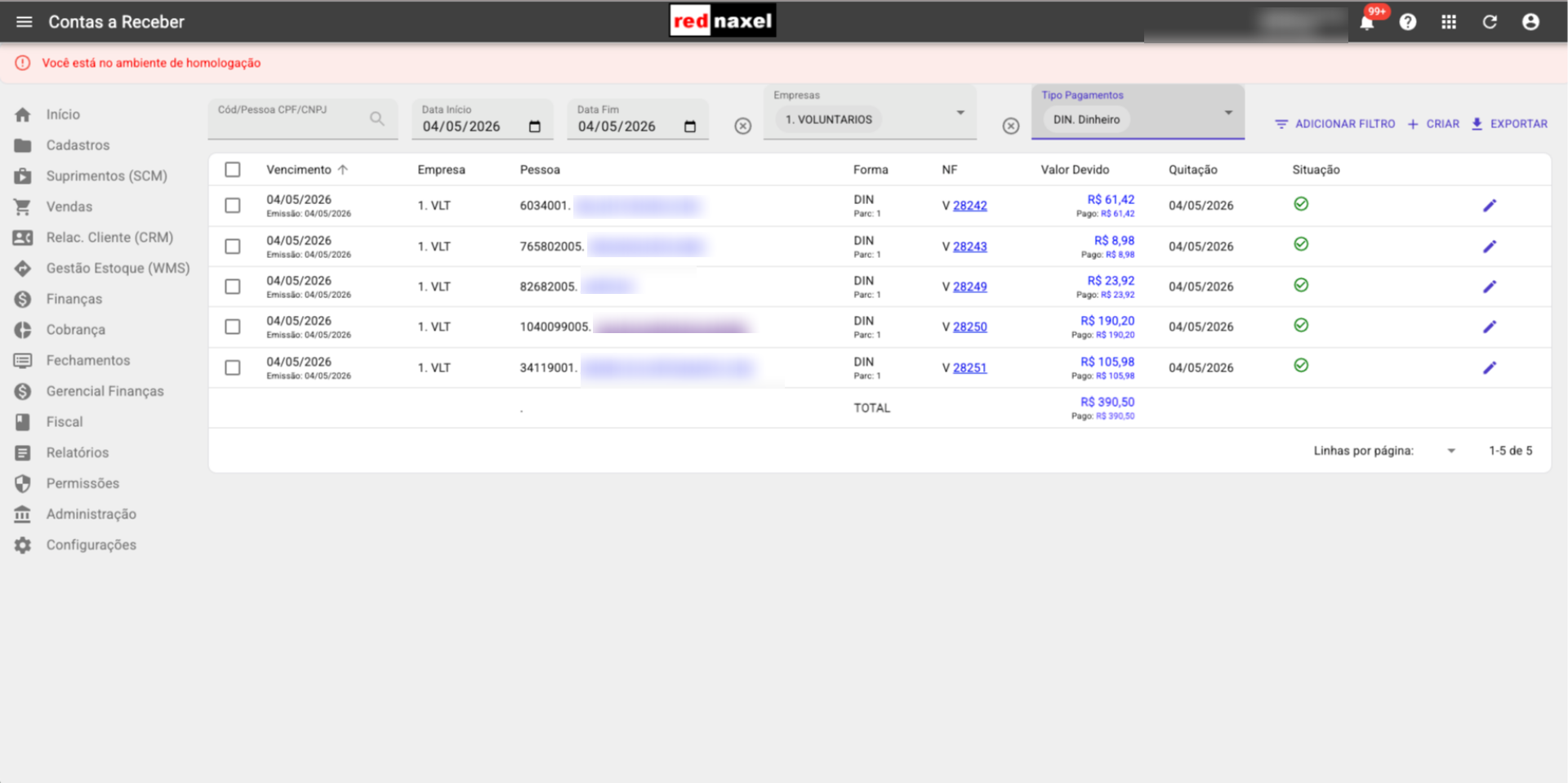 ERP >>> Tela >>> Contas a Receber >>> Notas Fiscais Filtradas: