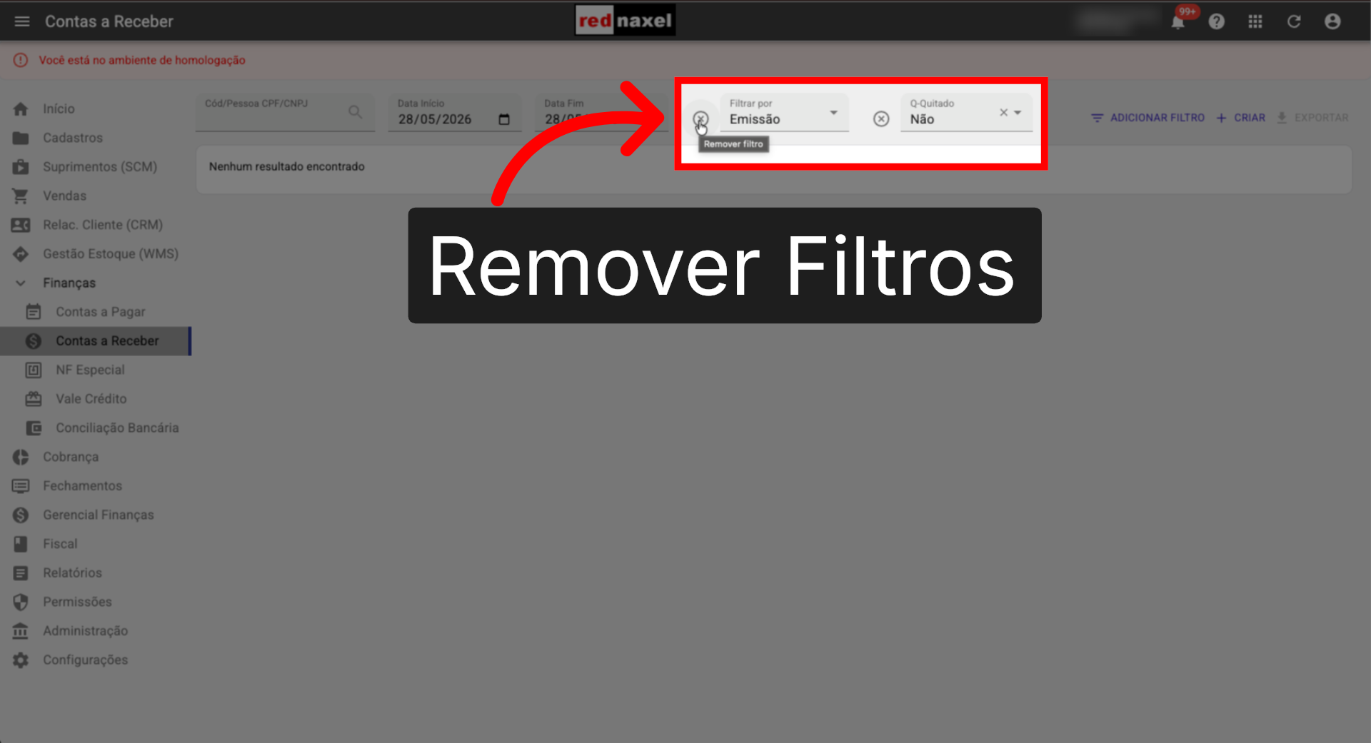 ERP >>> Tela >>> Contas a Receber >>> Remover Filtros: