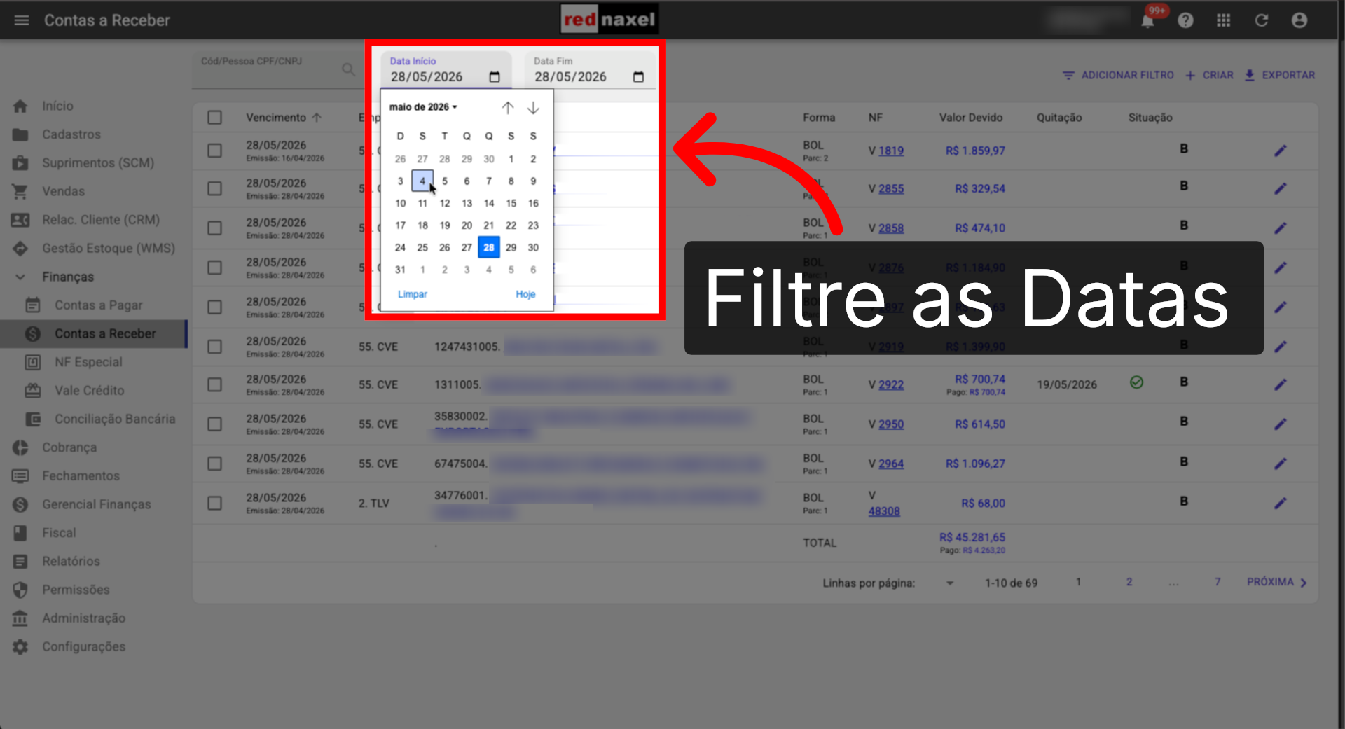 ERP >>> Tela >>> Contas a Receber >>> Filtrando Datas: