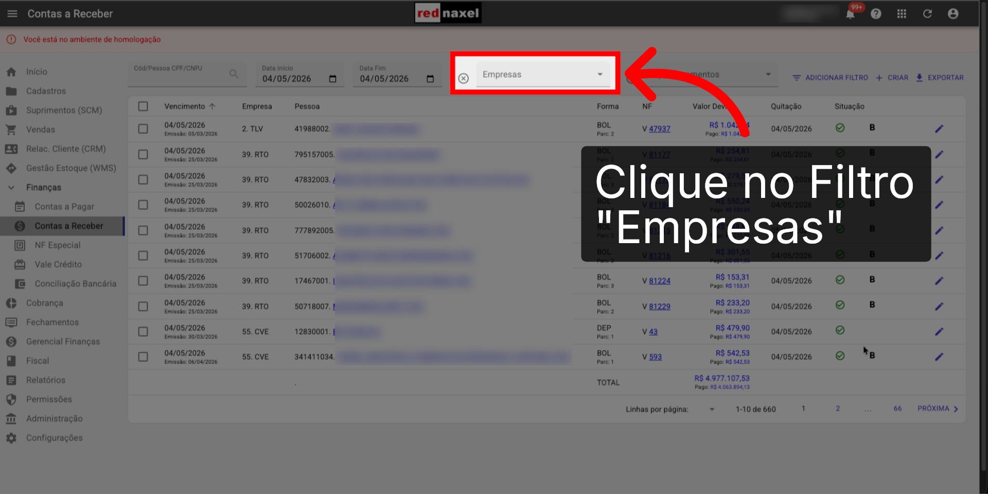 ERP >>> Tela >>> Contas a Receber >>> Filtro Empresas: